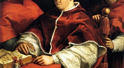 Leone X tra i cardinali Giulio de' Medici e Luigi de' Rossi